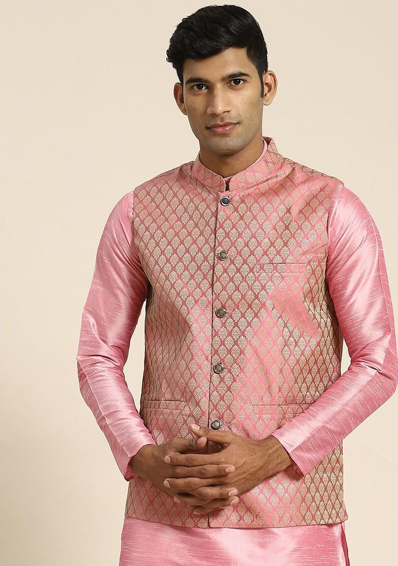 Pink Woven Poly Blend Nehru Jackets For Men