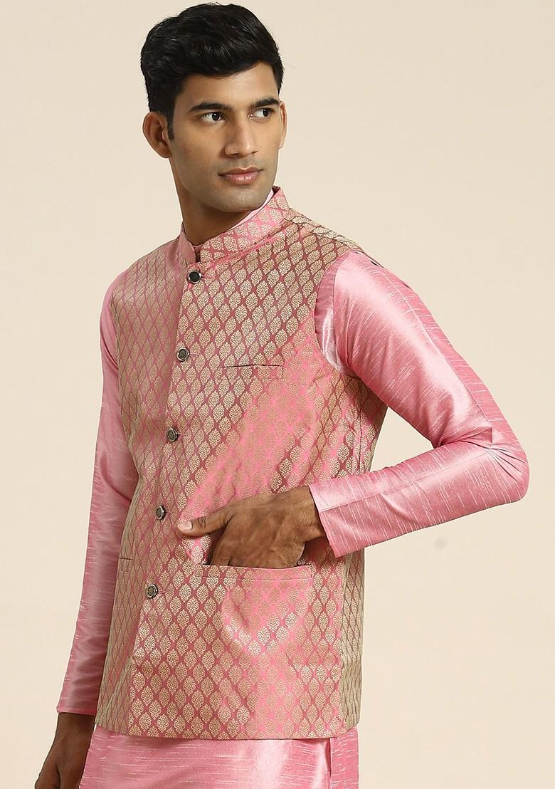 Pink Woven Poly Blend Nehru Jackets For Men