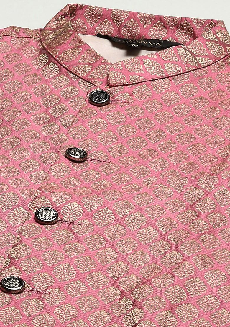 Pink Woven Poly Blend Nehru Jackets For Men