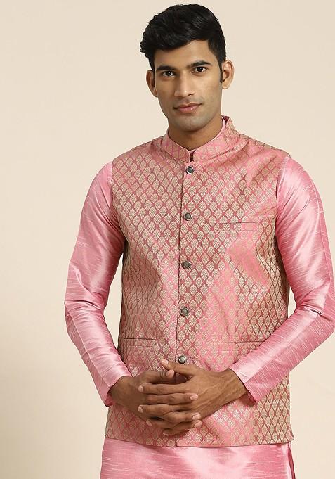 Pink Woven Poly Blend Nehru Jackets For Men