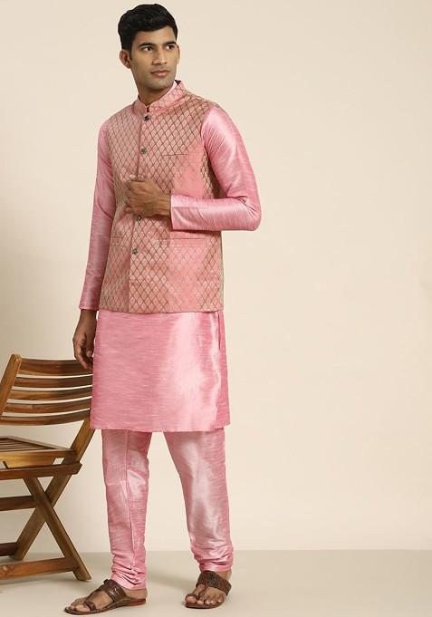 Pink Woven Poly Blend Nehru Jackets For Men