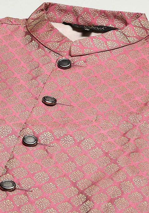 Pink Woven Poly Blend Nehru Jackets For Men