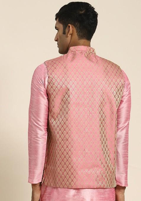 Pink Woven Poly Blend Nehru Jackets For Men