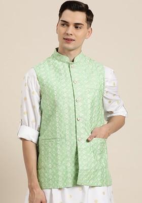 Green Embroidered Poly Blend Nehru Jackets For Men