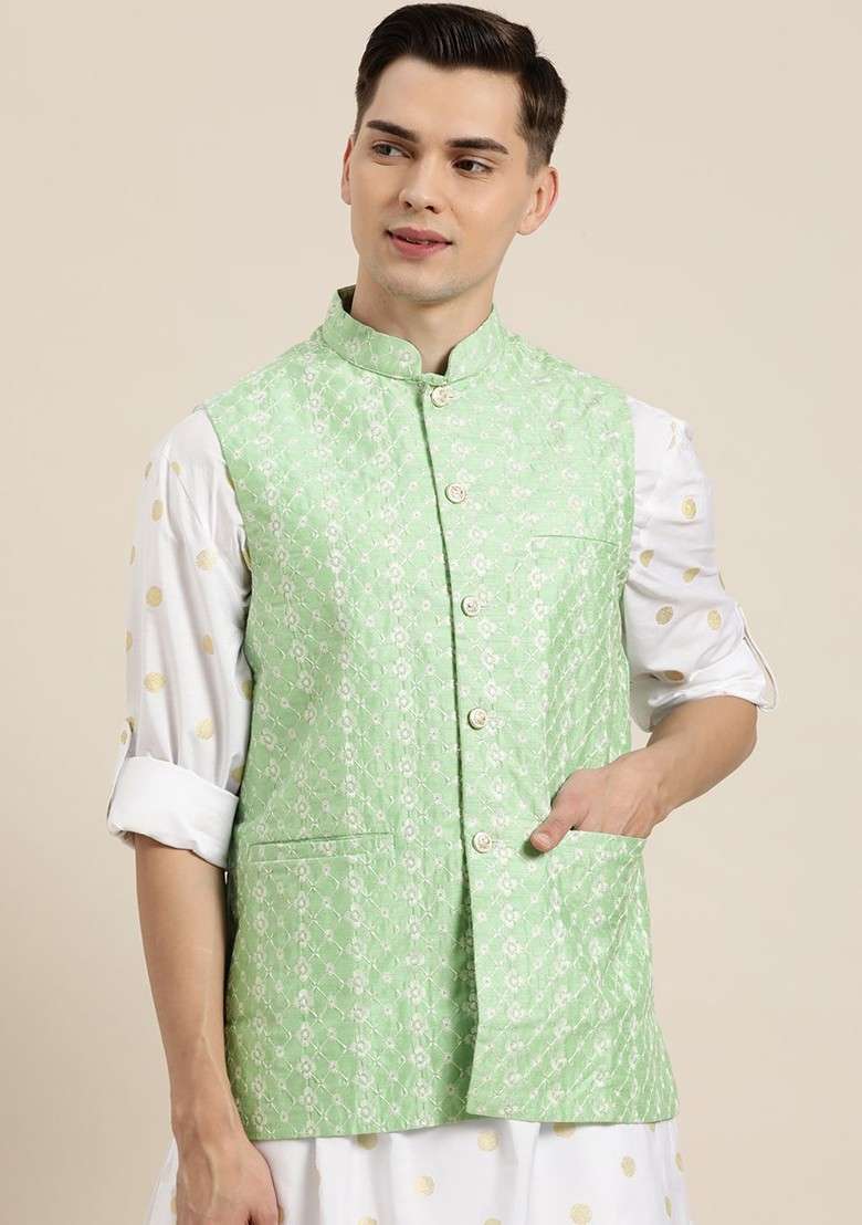 Green Embroidered Poly Blend Nehru Jackets For Men - Indya