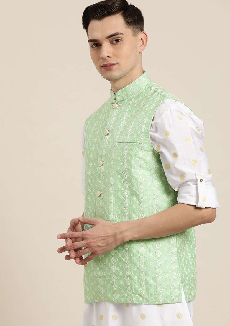 Green Embroidered Poly Blend Nehru Jackets For Men - Indya