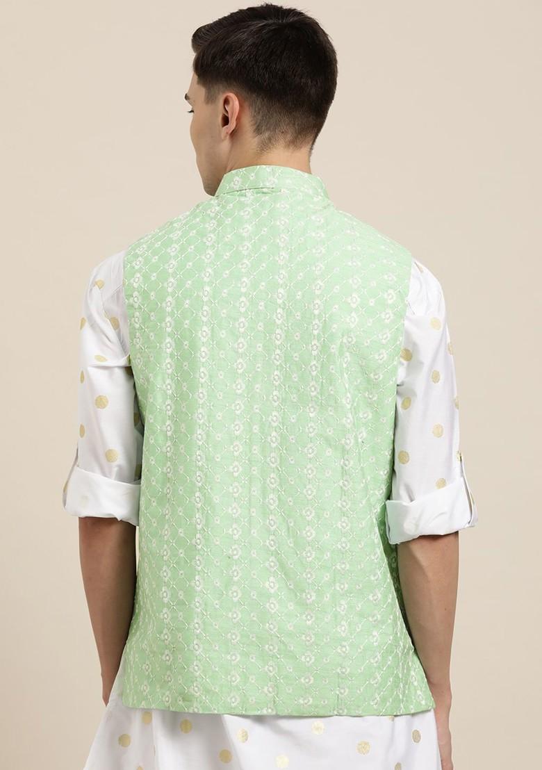 Green Embroidered Poly Blend Nehru Jackets For Men