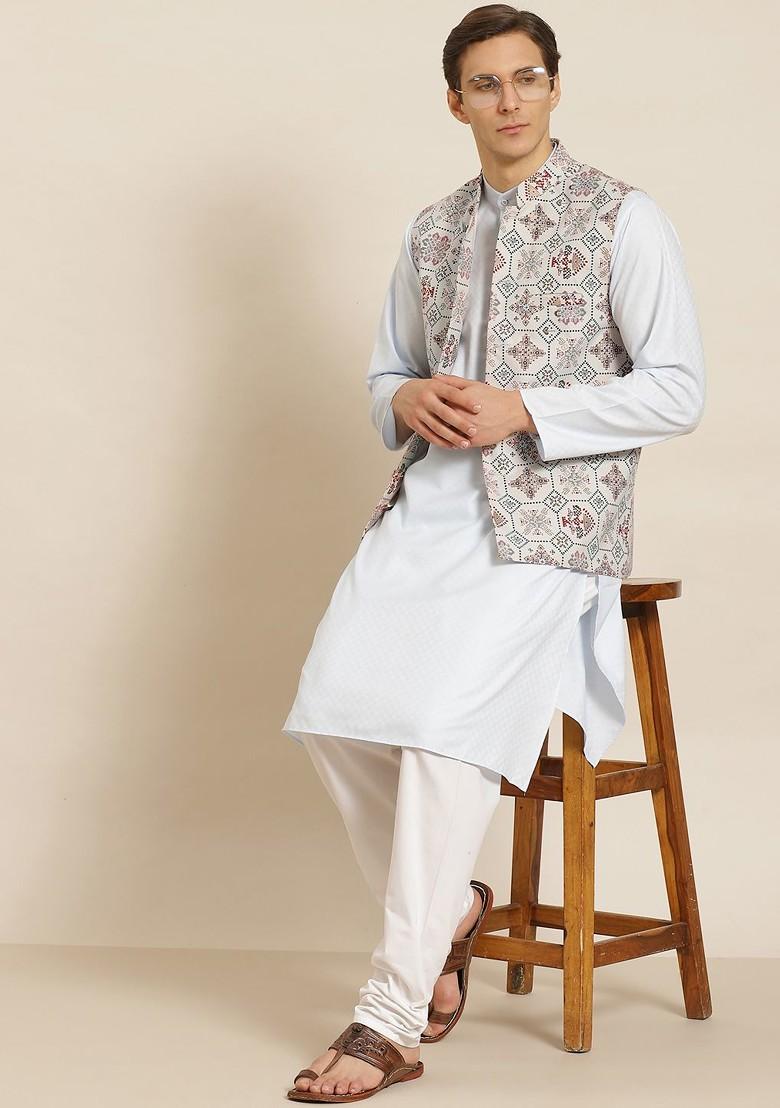 Off White Printed Cotton Nehru Jackets For Men