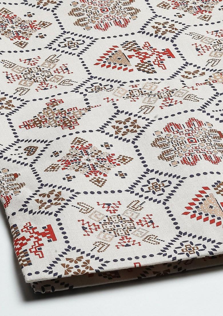 Off White Printed Cotton Nehru Jackets For Men