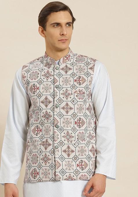 Off White Printed Cotton Nehru Jackets For Men — view on Indya