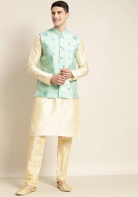 Sea Green Mirror Work Poly Blend Nehru Jackets For Men