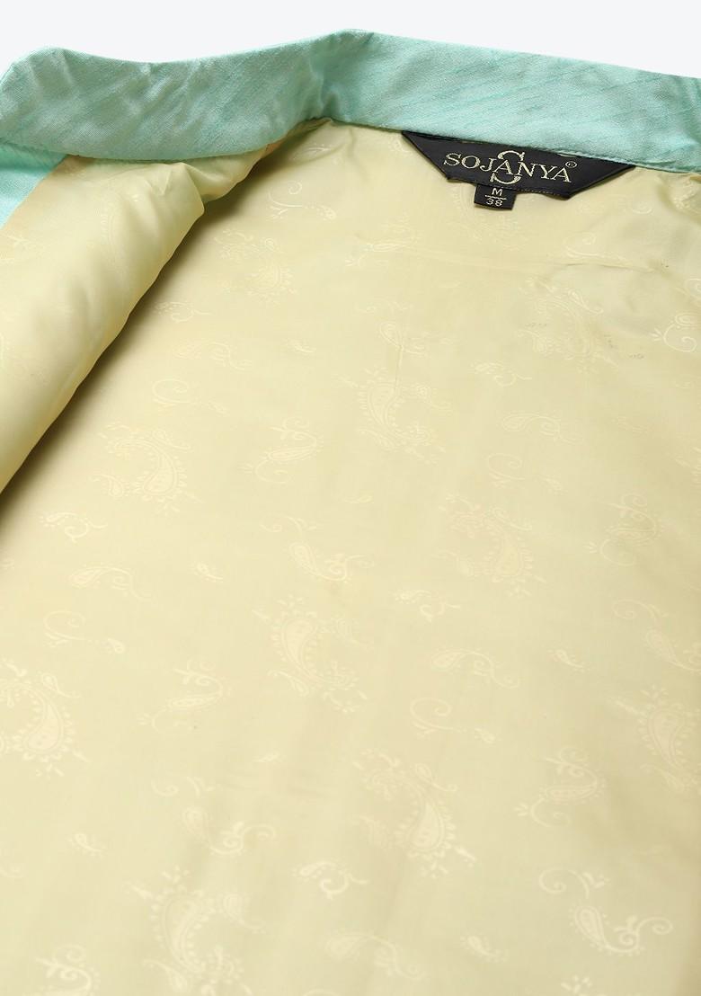 Sea Green Mirror Work Poly Blend Nehru Jackets For Men