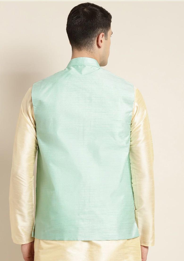 Sea Green Mirror Work Poly Blend Nehru Jackets For Men