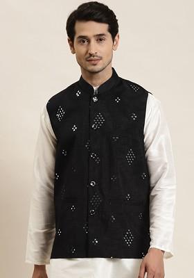 Black Mirror Work Poly Blend Nehru Jackets For Men