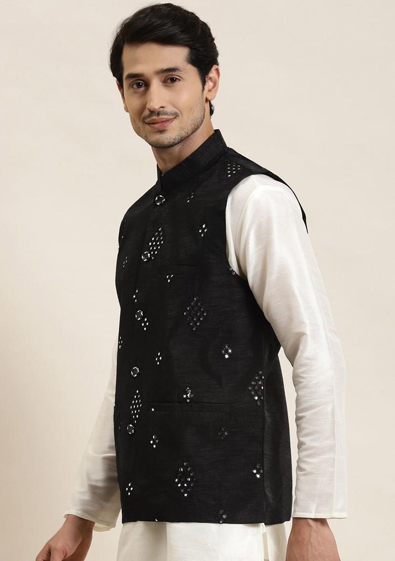 Black Mirror Work Poly Blend Nehru Jackets For Men