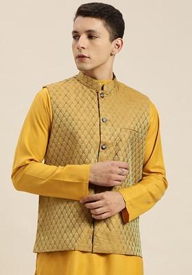 Yellow Printed Poly Blend Nehru Jackets For Men