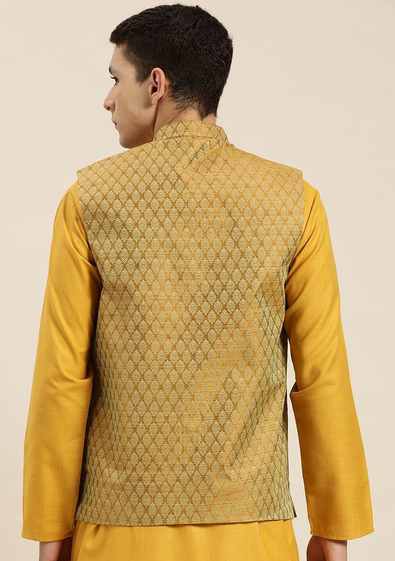 Yellow Printed Poly Blend Nehru Jackets For Men