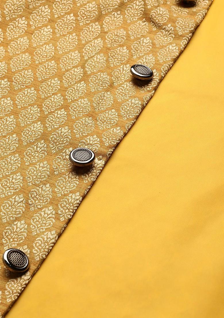 Yellow Printed Poly Blend Nehru Jackets For Men