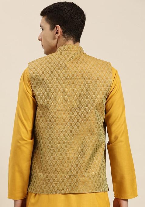Yellow Printed Poly Blend Nehru Jackets For Men