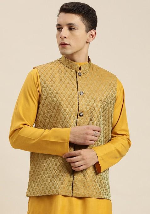 Yellow Printed Poly Blend Nehru Jackets For Men
