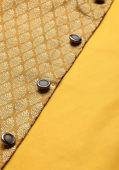 Yellow Printed Poly Blend Nehru Jackets For Men