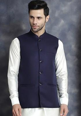Navy Blue Embroidered Poly Blend Nehru Jacket For Men