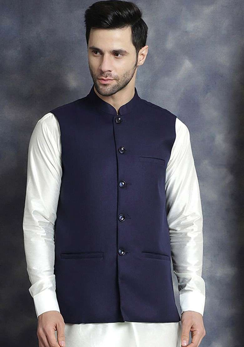 Navy Blue Embroidered Poly Blend Nehru Jacket For Men - Indya