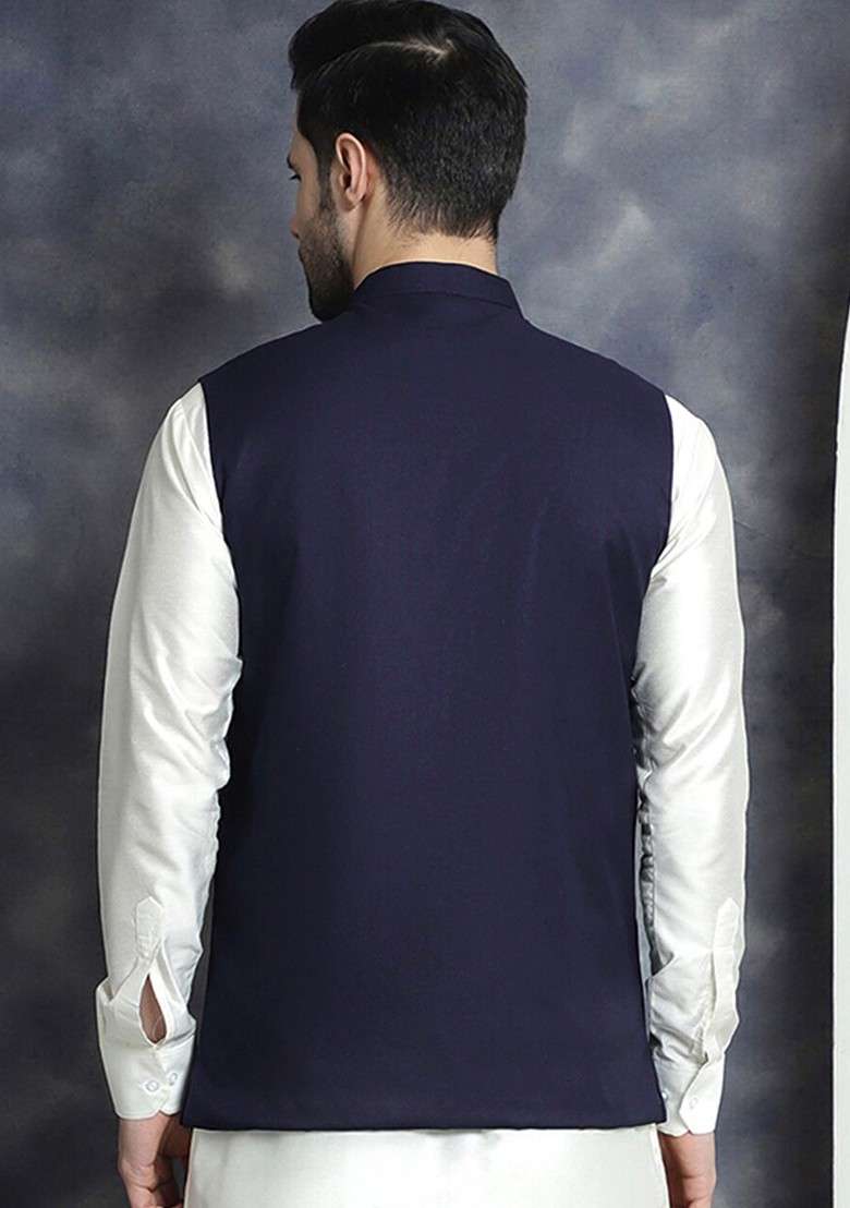 Navy Blue Embroidered Poly Blend Nehru Jacket For Men - Indya