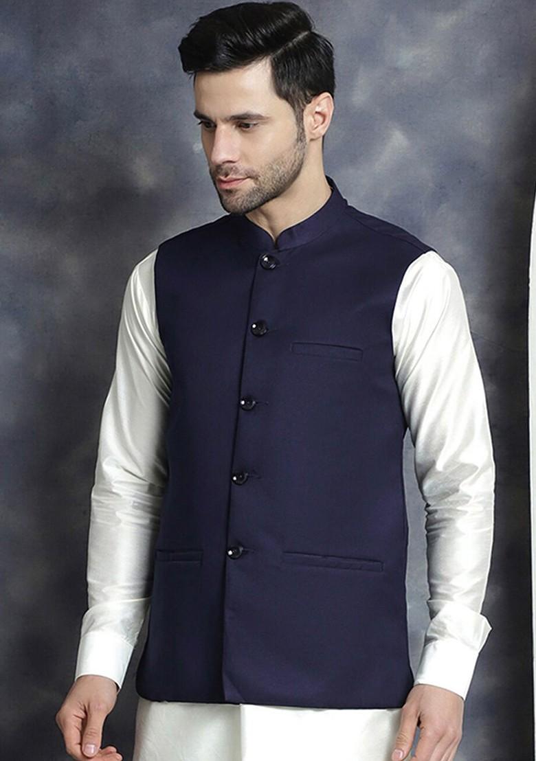 Navy Blue Embroidered Poly Blend Nehru Jacket For Men