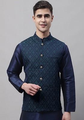 Navy Blue Woven Design Poly Blend Nehru Jacket For Men