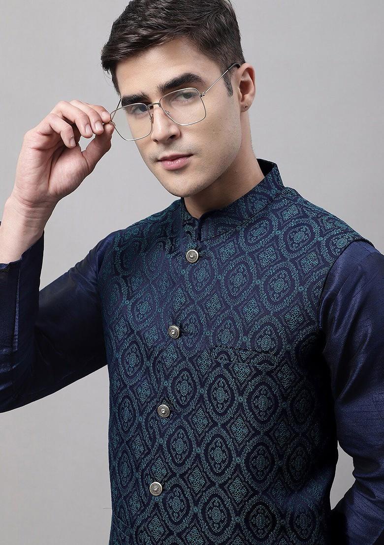 Navy Blue Woven Design Poly Blend Nehru Jacket For Men