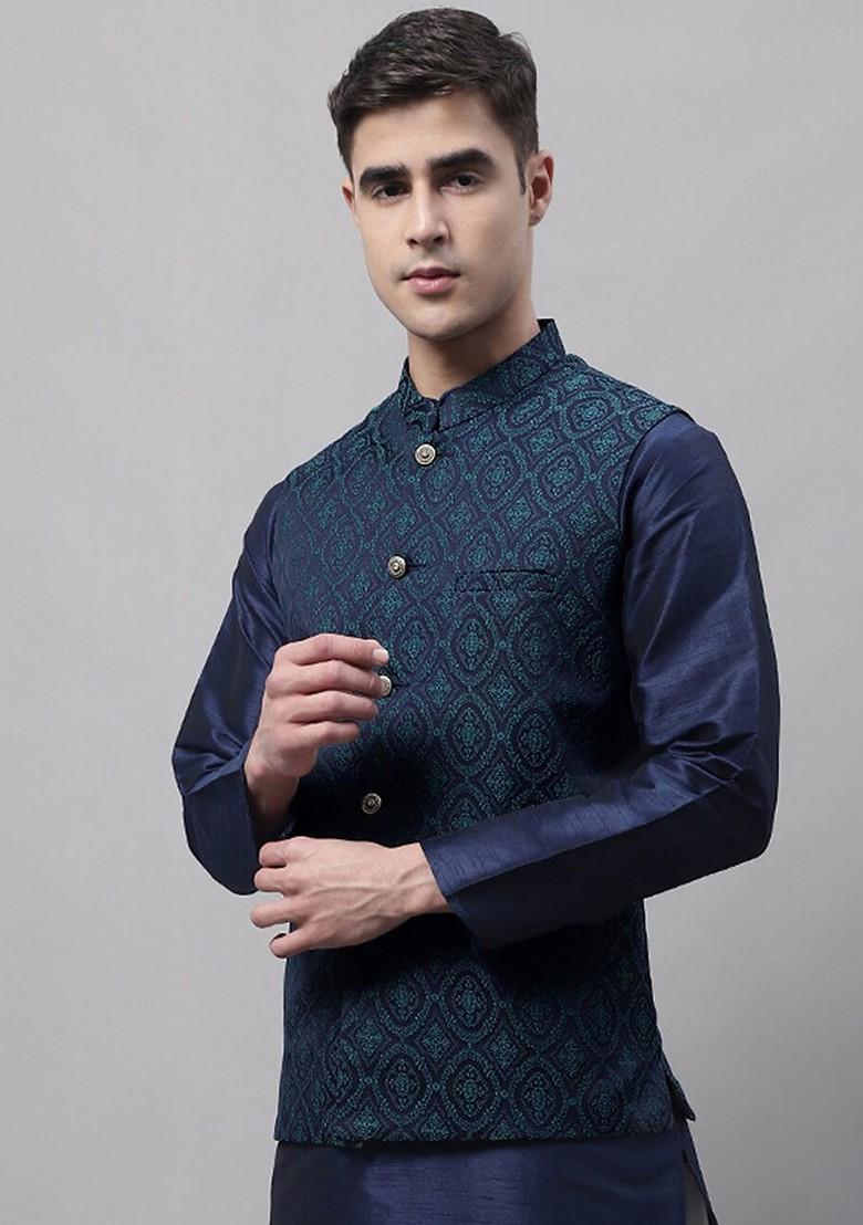 Navy Blue Woven Design Poly Blend Nehru Jacket For Men