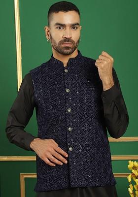 Navy Blue Embroidered Poly Blend Nehru Jacket For Men