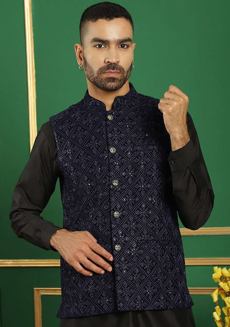 Navy Blue Embroidered Poly Blend Nehru Jacket For Men - Indya