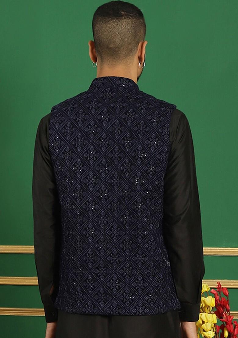 Navy Blue Embroidered Poly Blend Nehru Jacket For Men