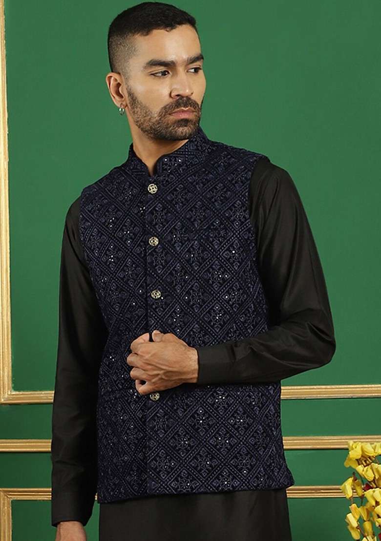 Navy Blue Embroidered Poly Blend Nehru Jacket For Men - Indya