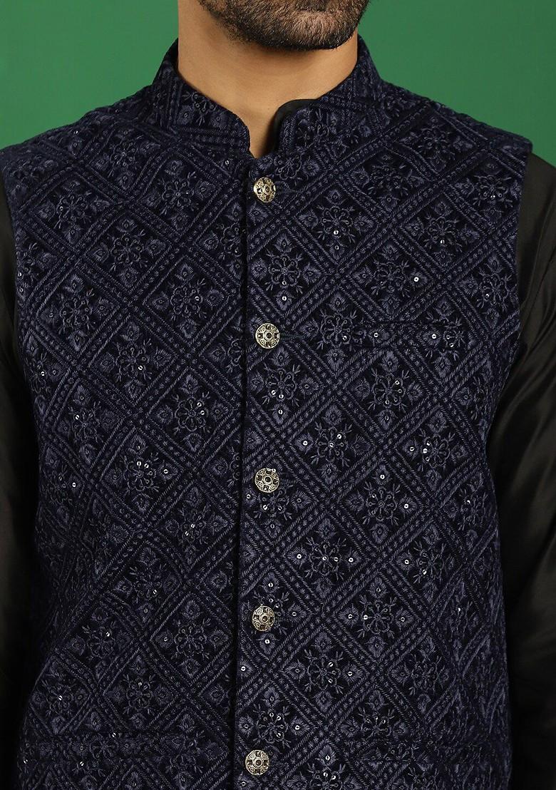 Navy Blue Embroidered Poly Blend Nehru Jacket For Men