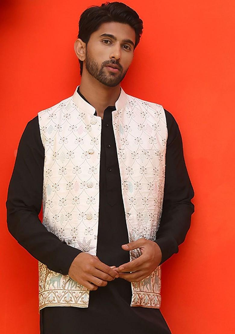 White Embroidered Poly Blend Nehru Jacket For Men