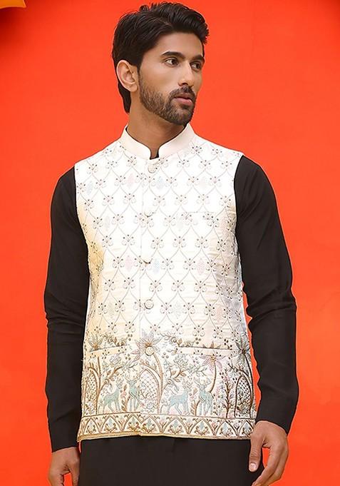 White Embroidered Poly Blend Nehru Jacket For Men — view on Indya