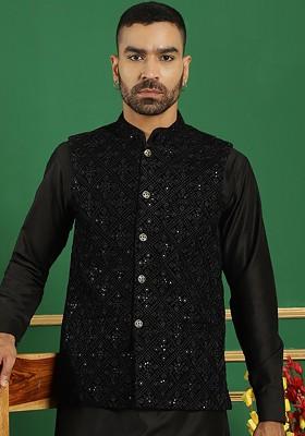 Black Embroidered Poly Blend Nehru Jacket For Men