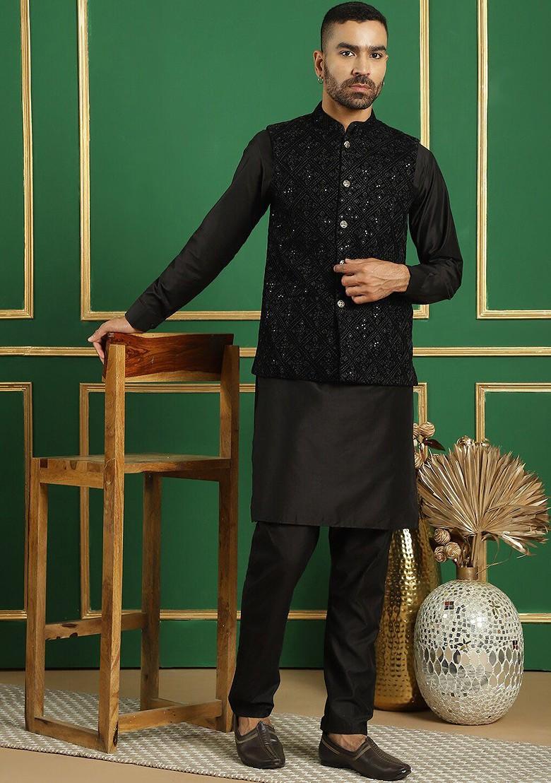 Black Embroidered Poly Blend Nehru Jacket For Men