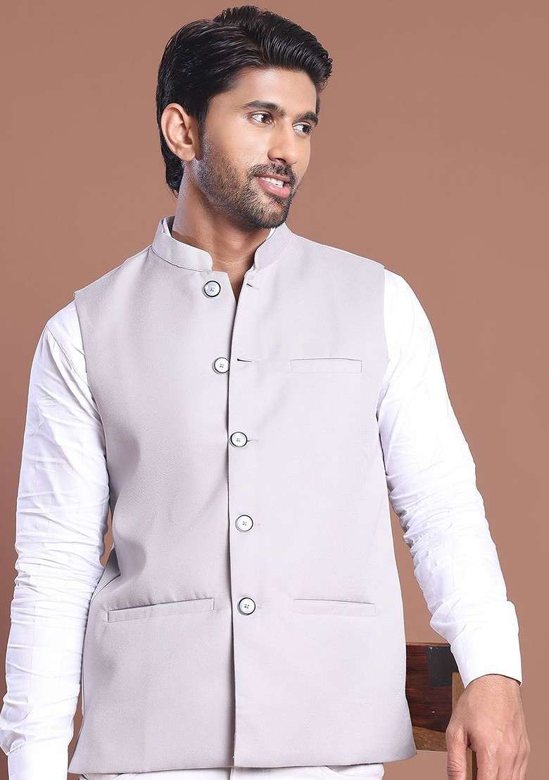 Grey Embroidered Poly Blend Nehru Jacket For Men - Indya