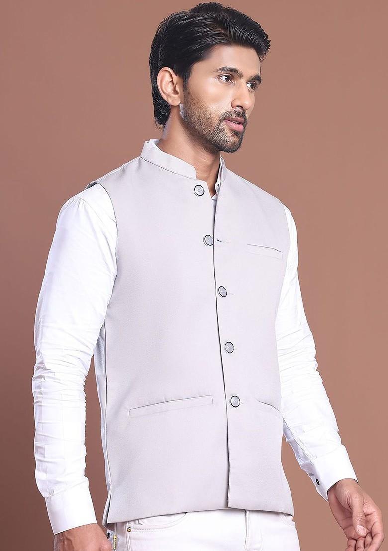 Grey Embroidered Poly Blend Nehru Jacket For Men