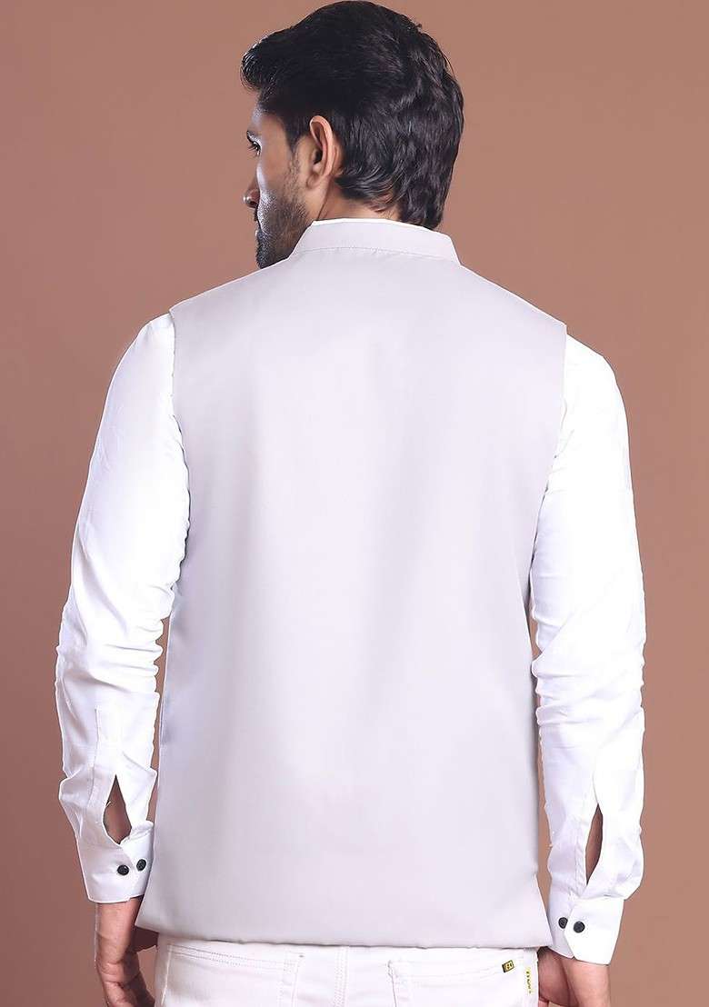 Grey Embroidered Poly Blend Nehru Jacket For Men - Indya