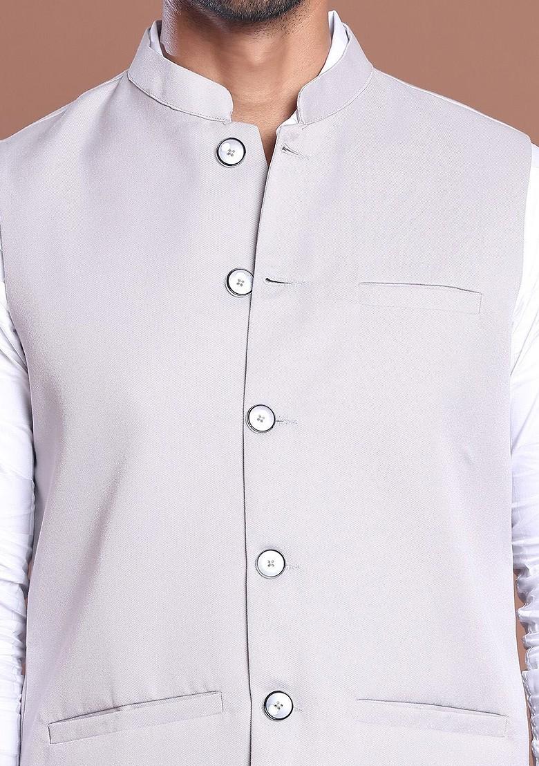 Grey Embroidered Poly Blend Nehru Jacket For Men