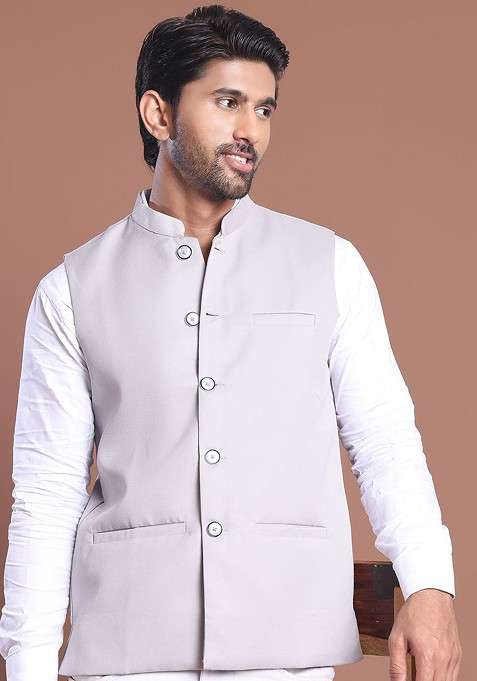 Grey Embroidered Poly Blend Nehru Jacket For Men