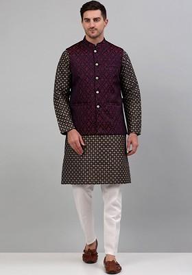 Navy Blue Woven Design Poly Blend Nehru Jacket For Men
