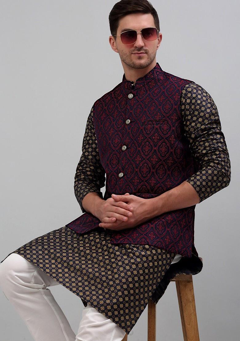 Navy Blue Woven Design Poly Blend Nehru Jacket For Men