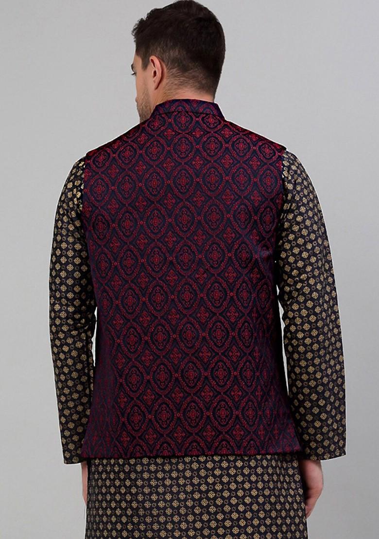 Navy Blue Woven Design Poly Blend Nehru Jacket For Men