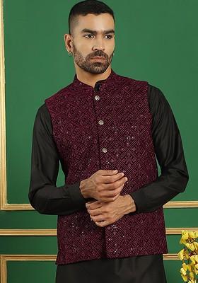 Purple Embroidered Poly Blend Nehru Jacket For Men